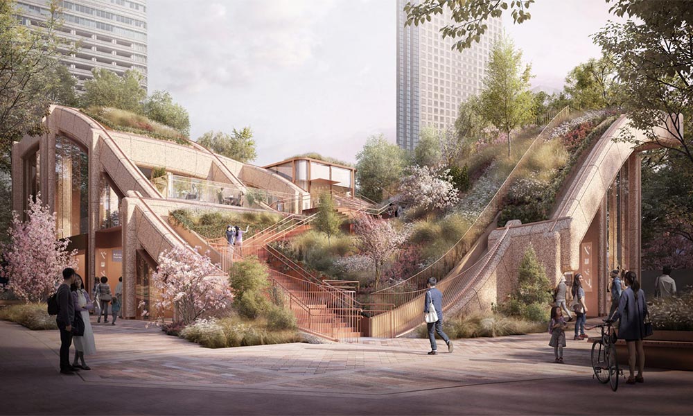 Entre edificios, Heatherwick diseña una pérgola gigante rodeada de vegetación